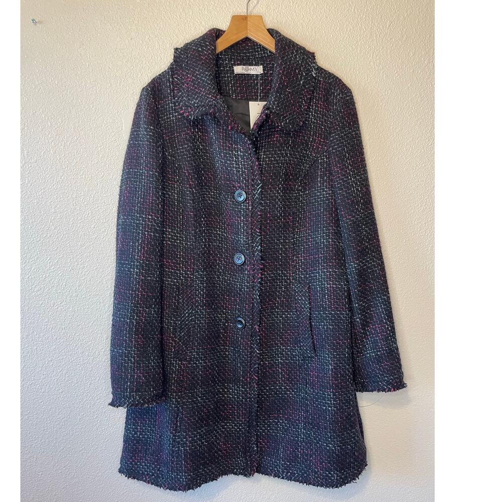 NWT Romy Black W/ Pink Tweed Button Up Long Pea Coat XL Barbie Y2K